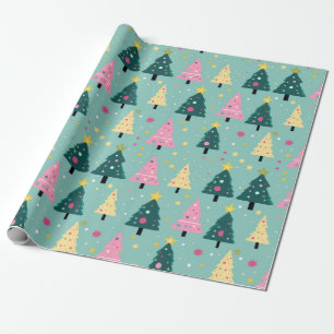 Papel De Regalo Árboles navideños verde azulados retro rosados