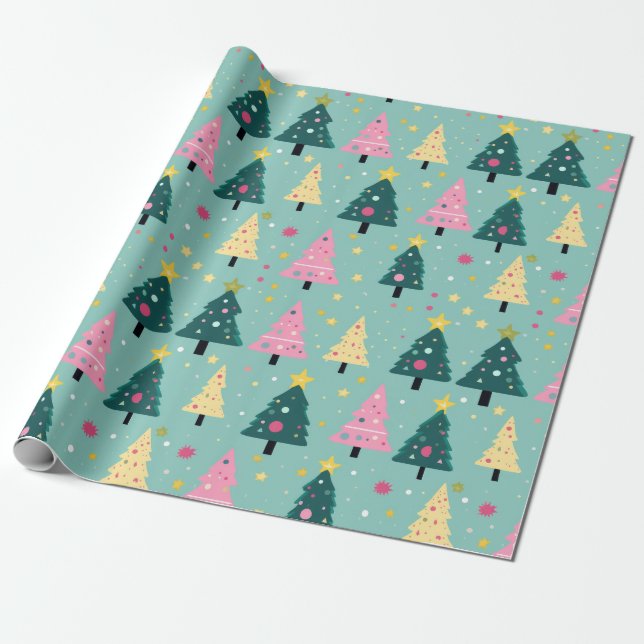 Papel De Regalo Árboles navideños verde azulados retro rosados (Desenrollado)