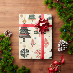 Papel De Regalo Árboles navideños verdes verdes de color rojo crem