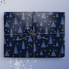 Papel De Regalo Árboles nórdicos de Navidad azul cobalto oscuro