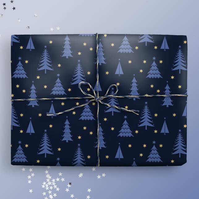 Papel De Regalo Árboles nórdicos de Navidad azul cobalto oscuro (Subido por el creador)
