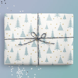 Papel De Regalo Árboles nórdicos de Navidad Verde azulados blancos