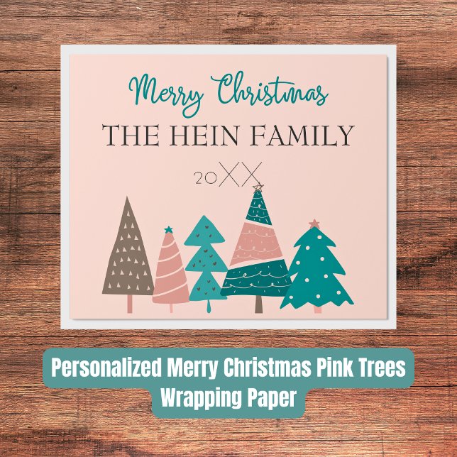 Papel De Regalo Árboles rosas navideños personalizados (Personalized Merry Christmas Pink Trees Wrapping Paper)