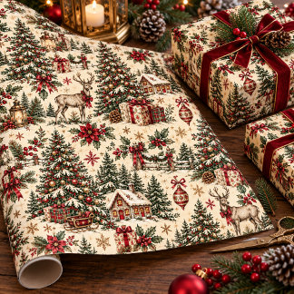 Papel De Regalo Árboles verdes de bosque vintage de Navidad antigu