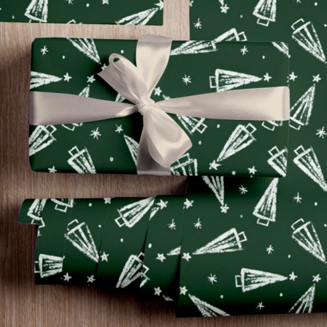 Papel De Regalo Árboles verdes de Navidad (Unique Christmas wrapping paper in green with white trees. Simple yet beautiful Christmas pattern.)