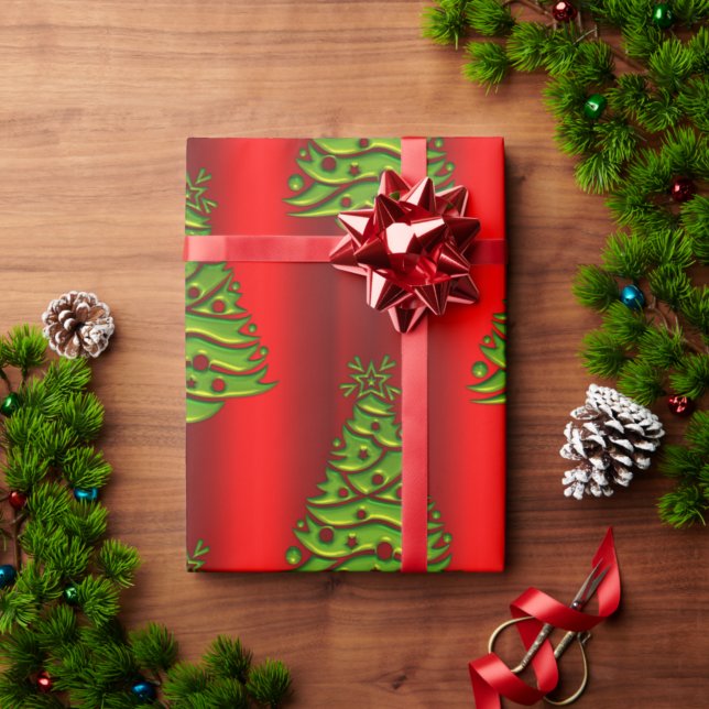 Papel De Regalo Árboles verdes de Navidad en rojo (Subido por el creador)