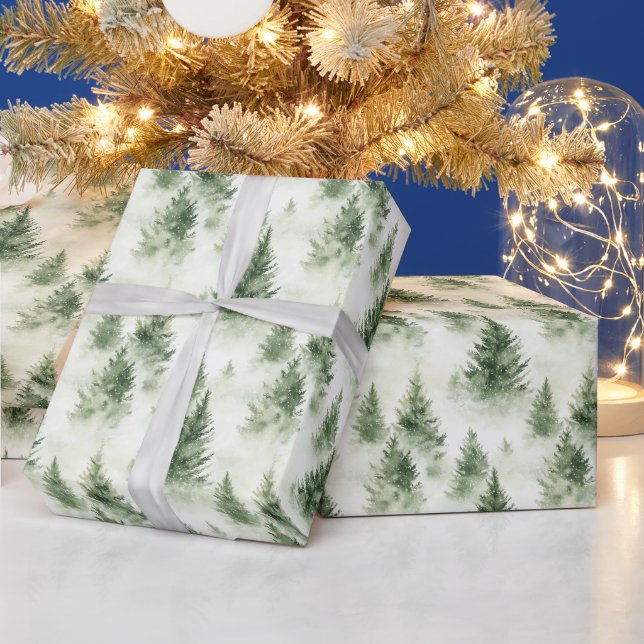 Papel De Regalo Árboles verdes de Navidad en verde pálido (Vacaciones)