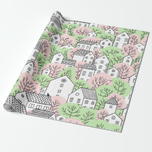 Papel De Regalo Árboles y casas sin fisuras. Primavera y verano