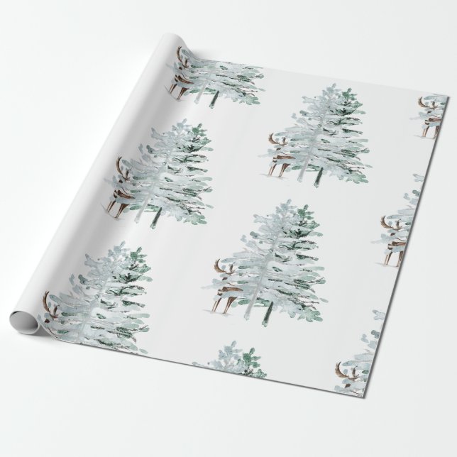 Papel De Regalo Árboles y ciervos de bosques de invierno (Desenrollado)
