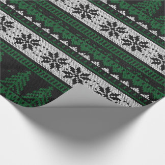 Papel De Regalo Árboles y copos de nieve blancos y negros verdes