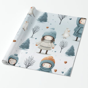Papel De Regalo Árboles y pájaros Chicas de invierno