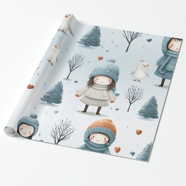 Papel De Regalo Árboles y pájaros Chicas de invierno (Desenrollado)