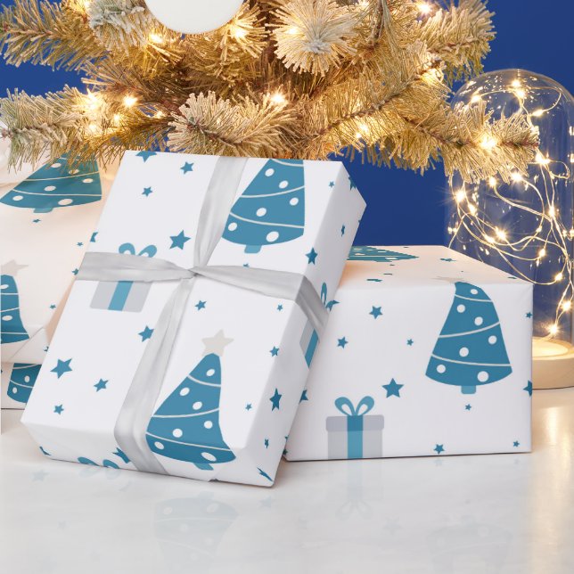 PAPEL DE REGALO ÁRBOLES Y PRESENTES AZULES Y GRIS DE NAVIDAD (Vacaciones)