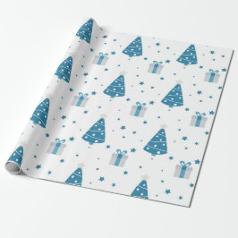 PAPEL DE REGALO ÁRBOLES Y PRESENTES AZULES Y GRIS DE NAVIDAD