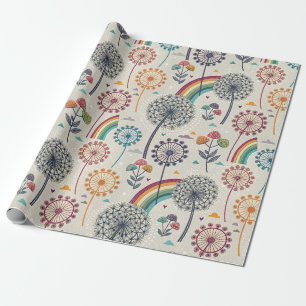 Papel De Regalo Arcoiris caprichoso y candeliones botánicos