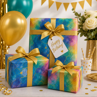Papel De Regalo Arcoíris de Acuarela Vibrante con Venas Doradas