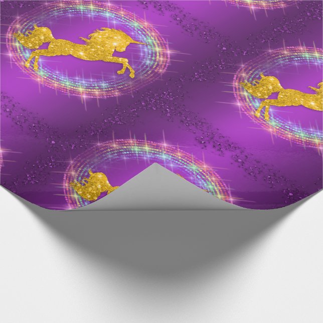 Papel De Regalo Arcoiris de Unicornio dorado esparce morado (Esquina)