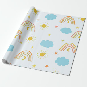 Papel De Regalo Arcoiris naranja Boho con sol y nubes