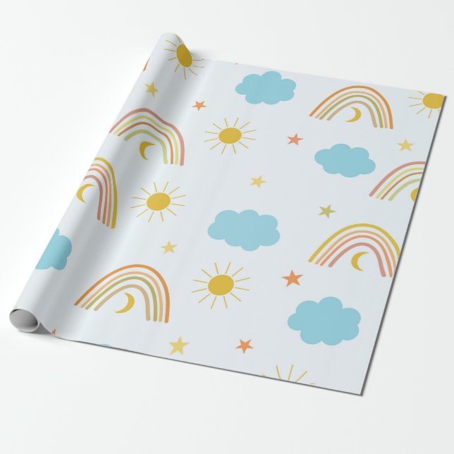 Papel De Regalo Arcoiris naranja Boho con sol y nubes (Desenrollado)