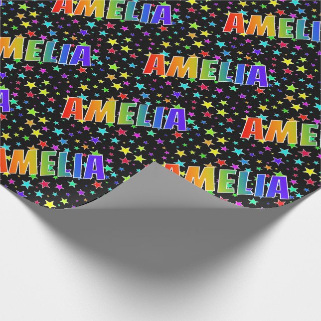 Papel De Regalo Arcoiris Nombre "AMELIA" + Estrellas (Esquina)