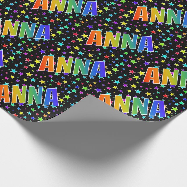Papel De Regalo Arcoiris Nombre "ANNA" + Estrellas (Esquina)