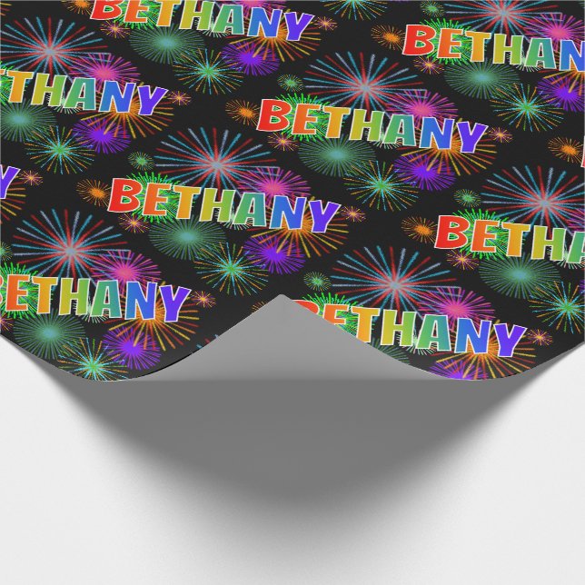 Papel De Regalo Arcoíris Nombre "BETHANY" + Fuegos Artificiales (Esquina)