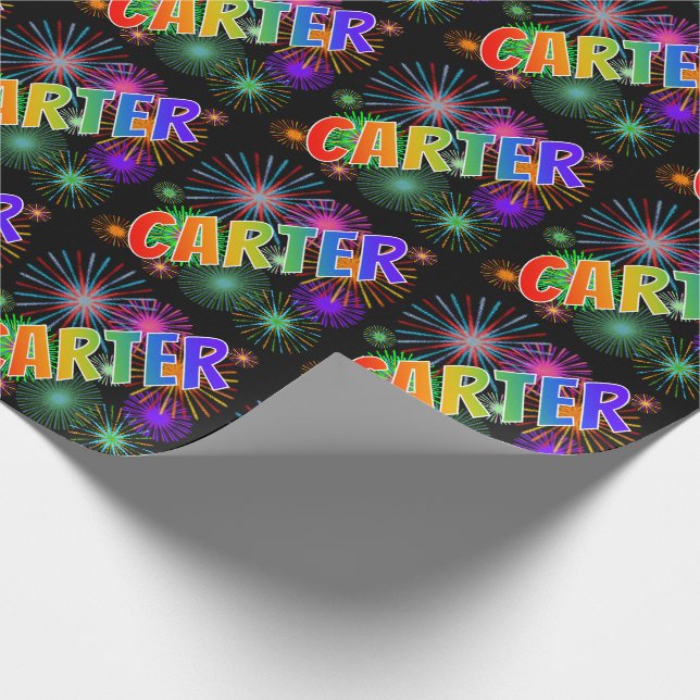 Papel De Regalo Arcoiris Nombre "CARTER" + Fuegos artificiales (Esquina)