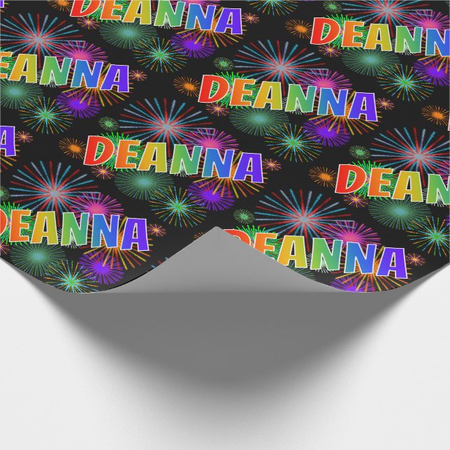 Papel De Regalo Arcoiris Nombre "DEANNA" + Fuegos artificiales (Esquina)