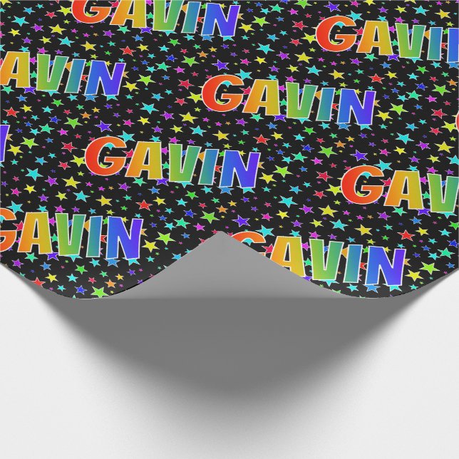 Papel De Regalo Arcoiris Nombre "GAVIN" + Estrellas (Esquina)