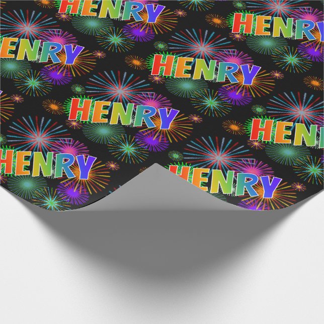 Papel De Regalo Arcoíris Nombre "HENRY" + Fuegos Artificiales (Esquina)