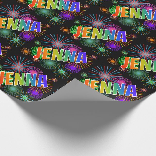 Papel De Regalo Arcoiris Nombre "JENNA" + Fuegos artificiales (Esquina)