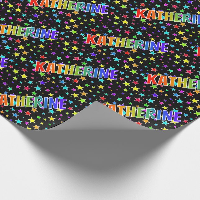 Papel De Regalo Arcoíris Nombre "KATHERINE" + Estrellas (Esquina)