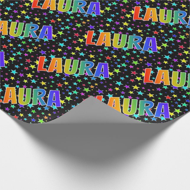 Papel De Regalo Arcoiris Nombre "LAURA" + Estrellas (Esquina)