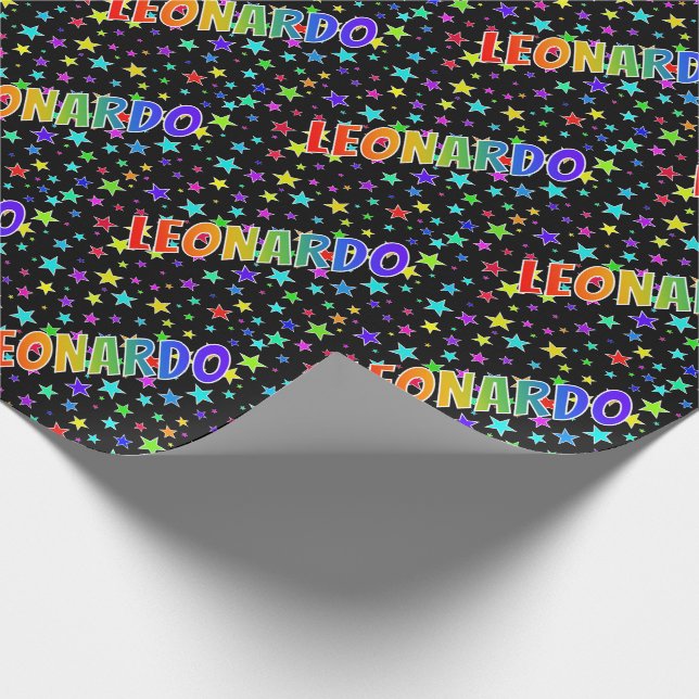 Papel De Regalo Arcoiris Nombre "LEONARDO" + Estrellas (Esquina)