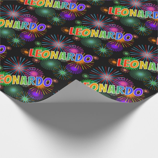 Papel De Regalo Arcoiris Nombre "LEONARDO" + Fuegos artificiales (Esquina)