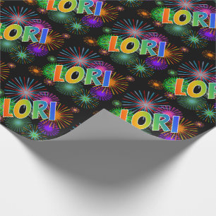 Papel De Regalo Arcoiris Nombre "LORI" + Fuegos artificiales