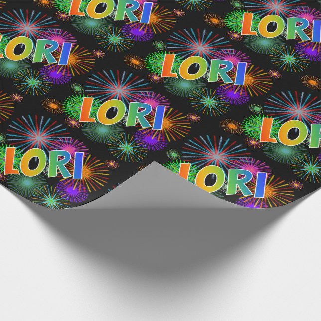 Papel De Regalo Arcoiris Nombre "LORI" + Fuegos artificiales (Esquina)