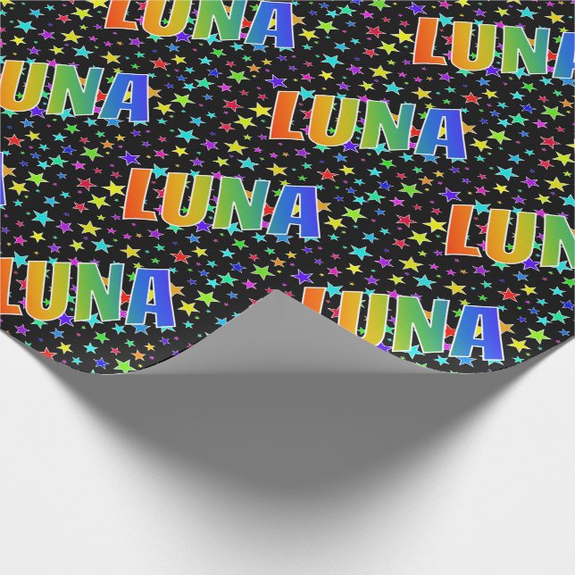 Papel De Regalo Arcoiris Nombre "LUNA" + Estrellas (Esquina)