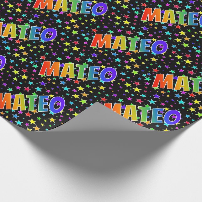 Papel De Regalo Arcoiris Nombre "MATEO" + Estrellas (Esquina)
