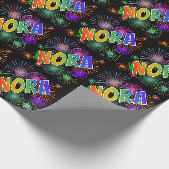Papel De Regalo Arcoiris Nombre "NORA" + Fuegos artificiales (Esquina)