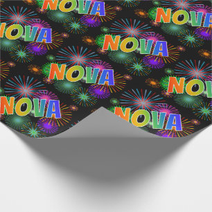 Papel De Regalo Arcoíris Nombre "NOVA" + Fuegos Artificiales