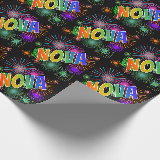 Papel De Regalo Arcoíris Nombre "NOVA" + Fuegos Artificiales (Esquina)