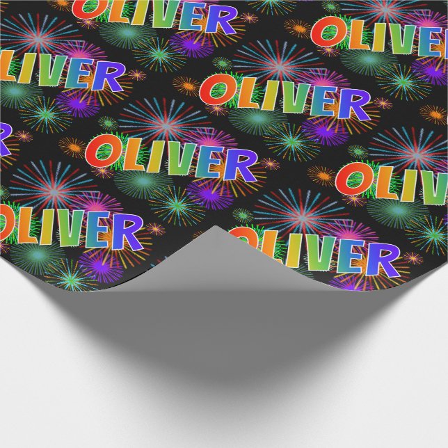 Papel De Regalo Arcoiris Nombre "OLIVER" + Fuegos artificiales (Esquina)