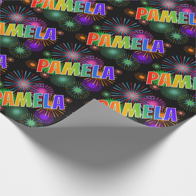 Papel De Regalo Arcoiris Nombre "PAMELA" + Fuegos artificiales (Esquina)