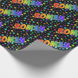 Papel De Regalo Arcoiris Nombre "ROMAN" + Estrellas
