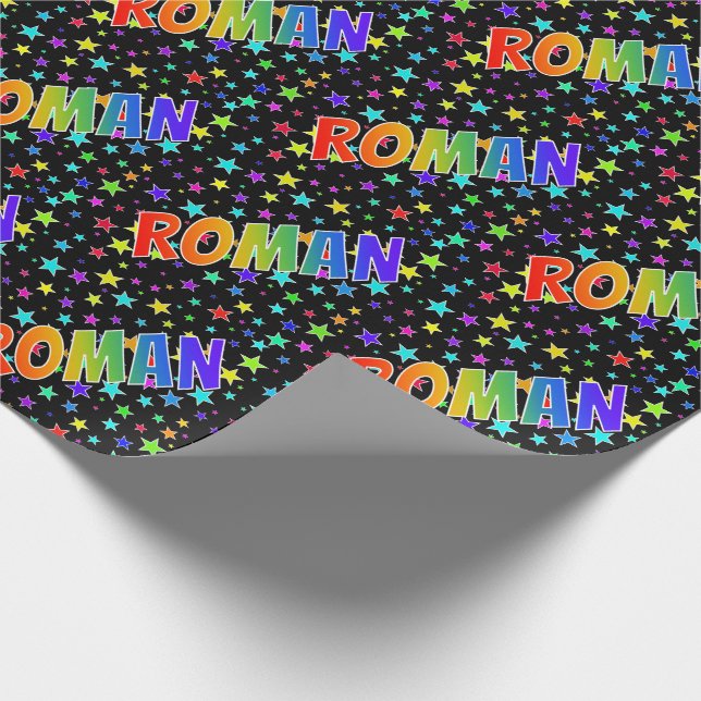 Papel De Regalo Arcoiris Nombre "ROMAN" + Estrellas (Esquina)