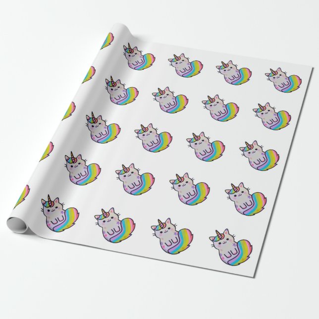 Papel De Regalo Arcoiris unicornio de gato blanco (Desenrollado)