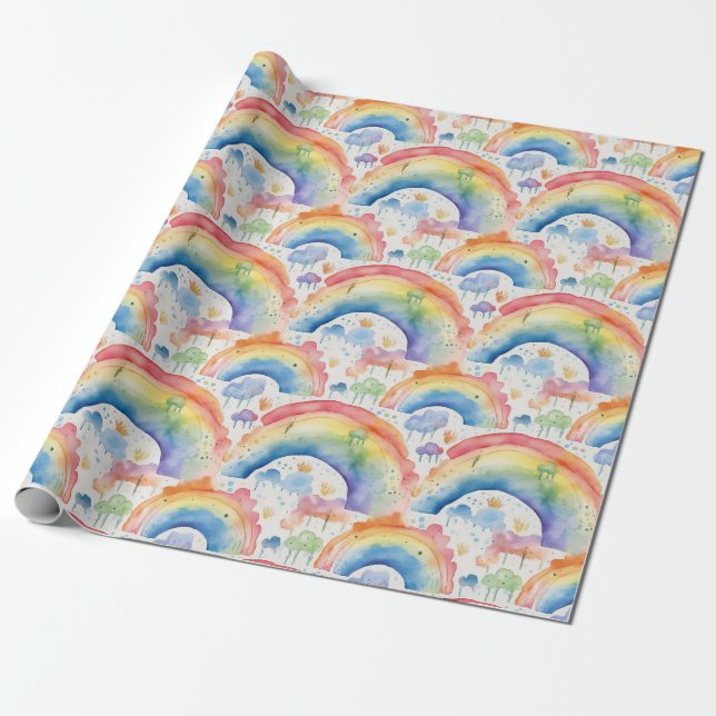 Papel De Regalo Arcoiris y nubes acuarelas (Desenrollado)