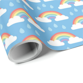 Papel De Regalo Arcos de lluvia y gotas de lluvia en azul claro