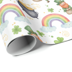Papel De Regalo Arcos Iris Tréboles Duendes Día de San Patricio